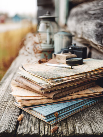 A stack of guidebooks and handwritten travel notes rests on a rustic wooden table, evoking a sense of wanderlust and adventure.の素材