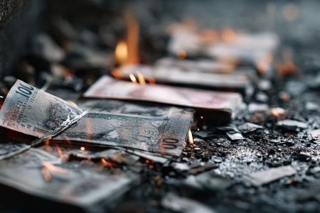 Close-up view of burning banknotes reflecting economic decline, with flames consuming currency in a dramatic display, highlighting financial instability.の素材