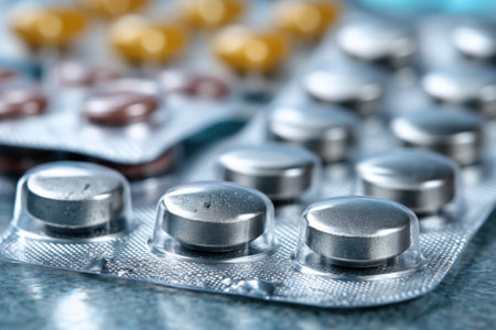 Focused view of a blister pack showing a gap where pills were removed, highlighting the theme of memory and the role of medication in maintaining health.の素材