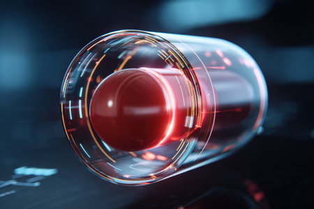 A digital hologram showcases a rotating capsule with bright features, emphasizing advanced medical tech in a futuristic scene.の素材