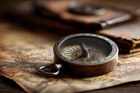A vintage compass lies elegantly on an aged map, casting soft shadows that evoke a sense of discovery and wanderlust through time.の素材