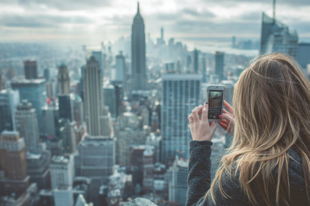 In the foreground, a tourist uses a smartphone to capture the skyline of New York City, showcasing famous buildings and a beautiful morning light.の素材