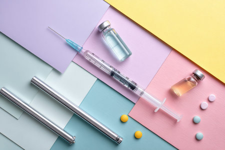 A syringe sits alongside medicine vials and colorful pills, arranged neatly on soft pastel blocks, creating a serene and organized setting for health matters.の素材