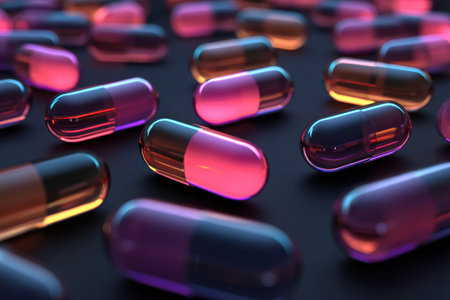 Capsules glow softly in neon against a dark background, creating a captivating blend of colors and light, ideal for medical themes.の素材
