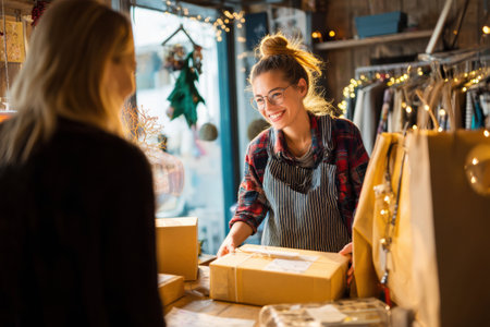 A cheerful shop assistant greets a customer, handing over a packaged online order in a warm and inviting boutique adorned with festive decorations.の素材