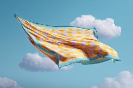 A picnic blanket with vibrant colors soars gracefully in the refreshing breeze against a backdrop of soft, white clouds under bright blue skies.の素材
