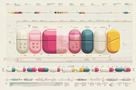 This comprehensive layout displays an array of pill shapes along with their specific uses, providing a clear overview of medication types and functions.の素材