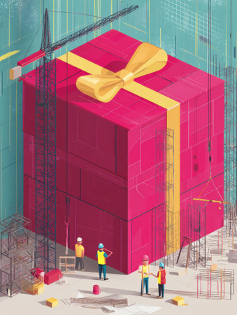 Workers are constructing a giant gift box in a colorful warehouse filled with construction equipment.の素材