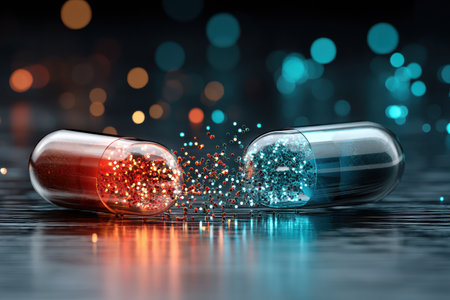 A pill capsule bursts apart, dispersing bright glowing microbes in a scientific setting, showing advanced biotechnology and innovative concepts.の素材