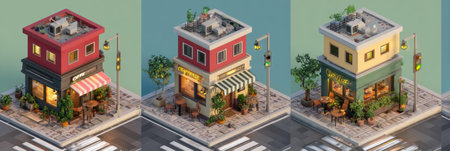 A vibrant coffee shop sits on a busy urban corner, illuminated by warm sunset light, inviting patrons to relax at outdoor tables surrounded by greenery.の素材