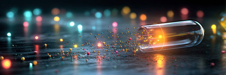 A split pill capsule emits vibrant glowing microbes, illuminating the dark surface beneath and creating a mesmerizing display of colorful particles around.の素材