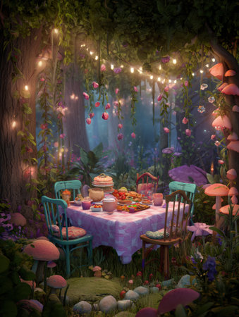 A cozy picnic in an enchanted forest features a beautifully set table with treats and colorful decorations under twinkling lights.の素材