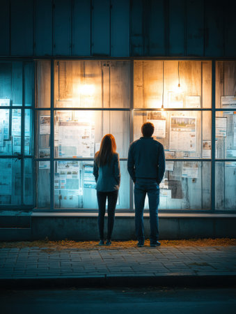 A young couple stands together, observing expensive home listings displayed in a real estate window, expressing disappointment on a dusky street.の素材