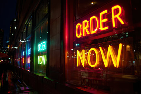 Bright neon order now signs adorn the city streets, casting a warm glow against the night sky while inviting passersby to make a purchase or request.の素材