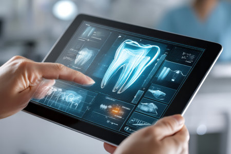 Dentist examines detailed 3D tooth scan displayed on a tablet while discussing treatment options with a patient in a well-equipped clinic.の素材