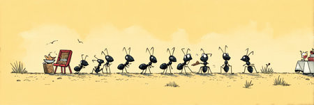 A line of ants joyfully marching together toward a picnic spread, showcasing a fun and lighthearted atmosphere under clear skies.の素材
