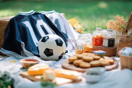 Gathering with friends for a lively sports-themed picnic featuring soccer jerseys, a ball, and an array of tasty snacks while relaxing in a parkの素材
