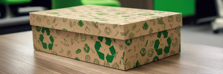 A large craft box with green recycling symbols sits on a wooden table, highlighting sustainability and organization in a modern workspace.の素材