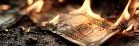 Close-up view of a banknote burning at the edges, flames elegantly consuming currency and symbolizing the impact of inflation on financial stability.の素材