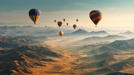 Colorful hot air balloons drift above rugged desert mountains at golden hour, casting shadows and highlighting the moments beauty.の素材