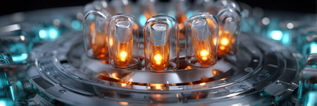 A high-tech machine produces glowing capsules, showcasing innovation in medicine.の素材