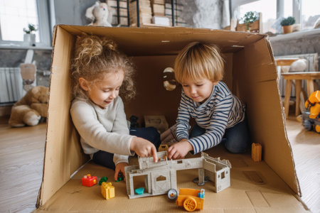 Two children engage in imaginative play with colorful toys inside a large cardboard box, creating their own world on a bright afternoon indoors.の素材
