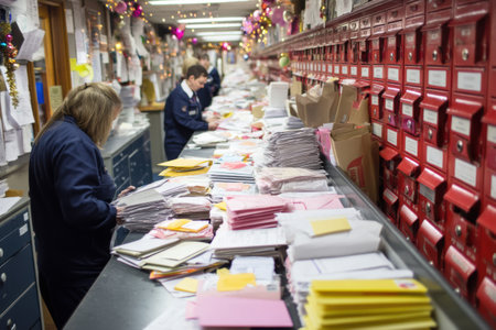 Holiday workers sort through piles of colorful letters and packages in a magical mailroom filled with Christmas decorations and cheer.の素材