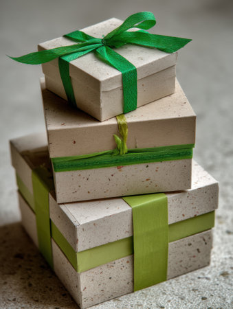 A stack of eco boxes with natural textures is tied with bright green recycled ribbon, adding a touch of nature to the indoor decor, perfect for gifts.の素材