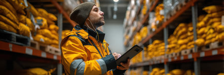Warehouse worker dressed in bright jacket uses digital tablet to scan items while surrounded by neatly stacked packages in a busy storage facilityの素材
