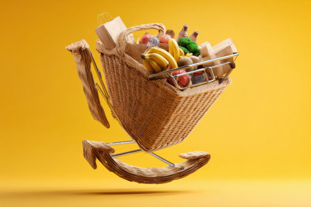 A shopping cart transforms into a woven basket brimming with fresh produce, all against a bright yellow backdrop.の素材