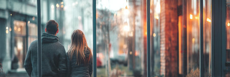 A young couple stands together in front of a real estate window, observing expensive home listings with visible disappointment during an evening walk.の素材