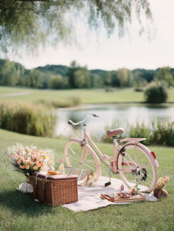 Colorful picnic setup features a vintage bicycle, picnic basket, and floral decorations in a lush park by the sparkling lake on a warm day.の素材