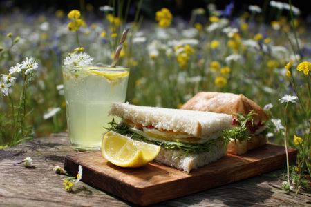 A bright wildflower meadow provides the perfect backdrop for a simple sandwich and a refreshing glass of lemonade, creating a relaxing outdoor lunch.の素材