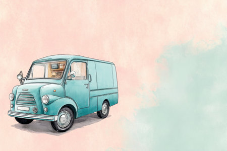 Illustration features a classic 1950s delivery van set against a soft pastel background, capturing the essence of mid-century transportation aesthetics.の素材