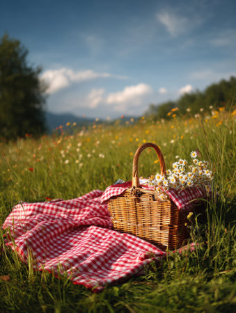 Bright sunlight illuminates a sunny meadow adorned with wildflowers, centered around a red checkered blanket and a wicker basket filled with daisies.の素材
