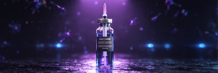 Vaccine bottle and syringe are illuminated, symbolizing hope and progress in healthcare. The vibrant glow encapsulates a message of healing and safety.の素材