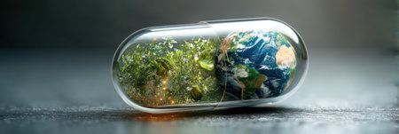 A transparent vitamin capsule contains a miniature Earth alongside green elements, representing eco medicine and the importance of sustainability in health.の素材