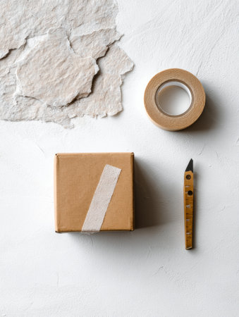 A simple minimalist layout features a kraft box, a roll of tape, and a craft knife, arranged on a clean white table to highlight packaging essentials.の素材