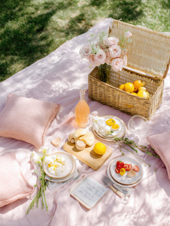 Cozy picnic spread for two features fresh fruits, charming notes, elegant tableware, and soft pillows under a glowing sunset in a tranquil settingの素材