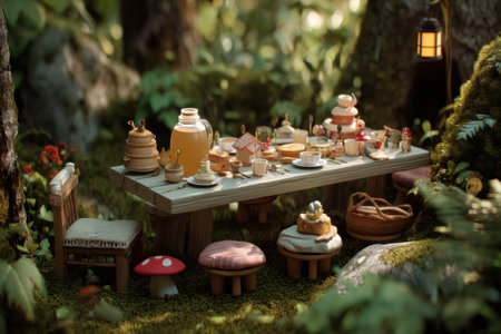 Enjoy an imaginative picnic in a vibrant enchanted forest featuring a table adorned with tasty treats and charming decorations among lush greenery.の素材