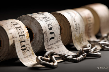 Receipt rolls transform into shackles, symbolizing the burdens of financial responsibilities in a thought-provoking way.の素材