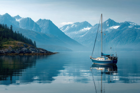 A sailboat rests quietly on still water, with distant mountains creating a stunning backdrop. The tranquility of the landscape enhances the peaceful atmosphere.の素材