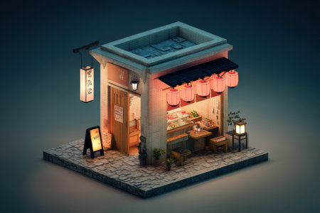 Nestled in a cozy corner, the tiny sushi restaurant features illuminated paper lanterns, warm ambiance, and a welcoming outdoor seating area for diners.の素材