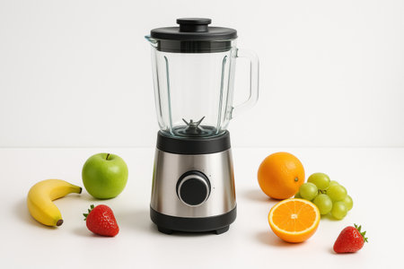 A sleek blender sits on a white countertop surrounded by strawberries, oranges, bananas, green apples, and grapes.の素材