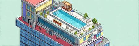 Brightly designed hotel building boasts a rooftop pool, surrounded by lounge chairs and greenery, offering a relaxing escape in a bustling urban environment.の素材