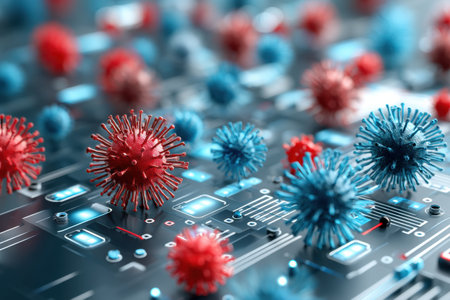 Red and blue virus particles float over a detailed circuit board, symbolizing cyber threats in a digital environment filled with technology.の素材