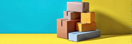 A stacked arrangement of shipping boxes showcases various colors and brands against a bright blue and yellow backdrop, highlighting creativity and organization.の素材