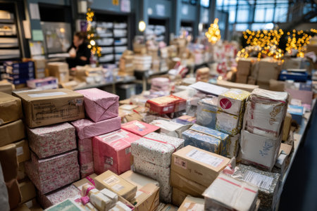 Busy mailroom filled with stacked Christmas orders, brightly wrapped packages, and twinkling lights creating a festive atmosphere during the holidays.の素材