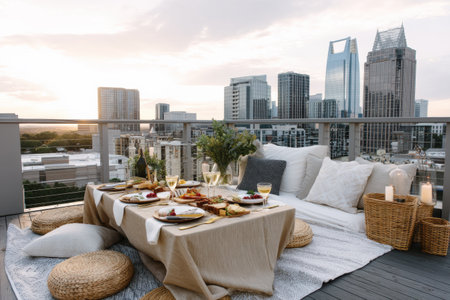 Enjoy a lavish picnic on a rooftop, featuring gourmet food and drinks, with a stunning skyline view during sunset in a vibrant urban environment.の素材