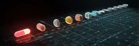 A futuristic visualization depicts the effectiveness timeline of various medicines, showing pills in different stages of development and analysis.の素材